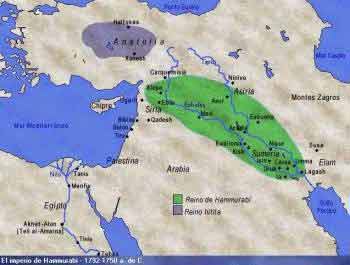 قلمرو حمورابي در خاور ميانه بارنگ سبز نشان داده شده است