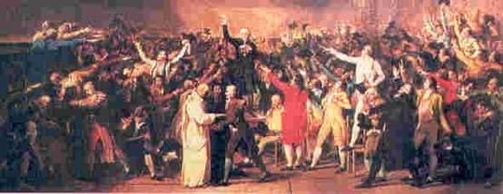 منظره اجتماع نمايندگان عوام ( طبقه سوم ) فرانسه در ژوئيه 1789 در ميدان تنيس كه توسط نقاش معاصر  « ژاك لويي داويد » كه خود شاهد صحنه بوده ترسيم شده است